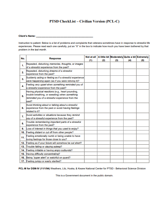 checklist stress disorder traumatic pcl ptsd trauma screening civilians assessment informed tool version care resource